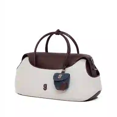 古良吉吉 通勤时尚拉链开合 头层牛皮 棒球波士顿包单肩斜挎包 大号 女款 帆布白/帆布黑/复古牛仔