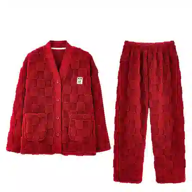 欧迪芬 纯色开衫长袖柔软保暖舒适简约长裤睡衣套装 女款 粉色