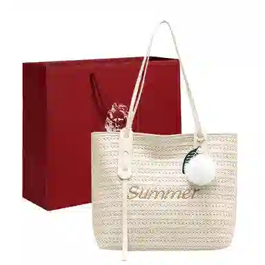 老人头 沙滩时尚休闲编织 织物拼合成革 托特包单肩包 女款 白色