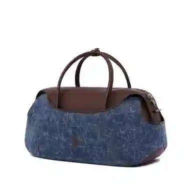 古良吉吉 通勤时尚拉链开合 头层牛皮 棒球波士顿包单肩斜挎包 大号 女款 帆布白/帆布黑/复古牛仔