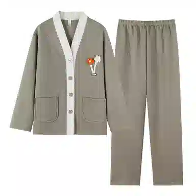 莫代尔 小清新保暖防寒透气舒适亲肤开衫长袖长裤家居服睡衣套装 女款 橄榄色