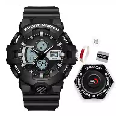 三达新款电子表双显多功能时尚潮流创意户外防水黑色表盘男士腕表国表电子+石英机芯