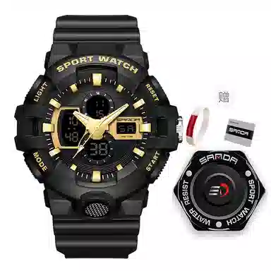 三达新款电子表双显多功能时尚潮流创意户外防水黑色表盘男士腕表国表电子+石英机芯