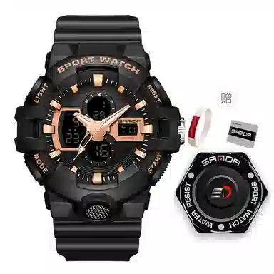 三达新款电子表双显多功能时尚潮流创意户外防水黑色表盘男士腕表国表电子+石英机芯