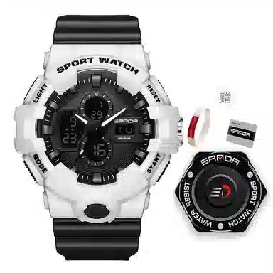 三达新款电子表双显多功能时尚潮流创意户外防水黑色表盘男士腕表国表电子+石英机芯