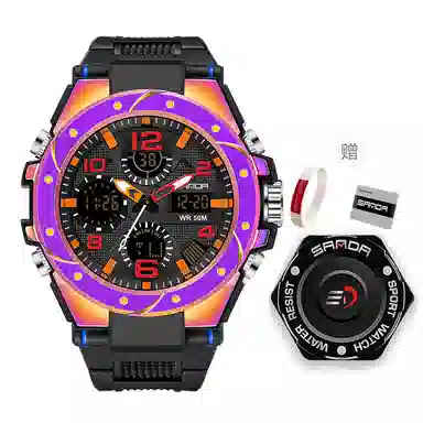 三达电子+石英机芯防水男女同款手表黑色表盘幻彩表壳潮流时尚简约手表国表