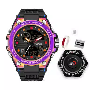 三达电子+石英机芯防水男女同款手表黑色表盘幻彩表壳潮流时尚简约手表国表