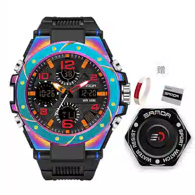 三达电子+石英机芯防水男女同款手表黑色表盘幻彩表壳潮流时尚简约手表国表