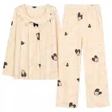 梦特娇 甜美公主风纯棉长袖长裤家居服可外穿 卡通爱心印花设计 休闲简约舒适柔软亲肤保暖上衣睡衣套装 秋冬季 女款 两件套 米白色