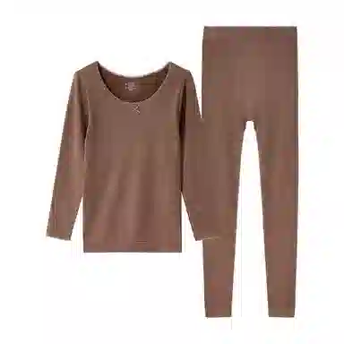 莫代尔 一体绒保暖加绒毛圈打底衫睡衣套装 女款 奶咖