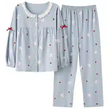 莫代尔 开衫圆领卡通满印韩版时尚亲肤休闲长袖长裤家居服可外穿睡衣套装 女款 浅蓝色