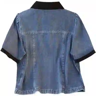 她池 翻领短袖单排扣短款外搭牛仔外套 女款 浅蓝色