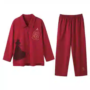 静韵 超柔软 迪士尼结婚情侣睡衣春秋红色家居服女款开衫套装