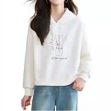 曲韩 简约舒适连帽长袖卫衣 女款 米白