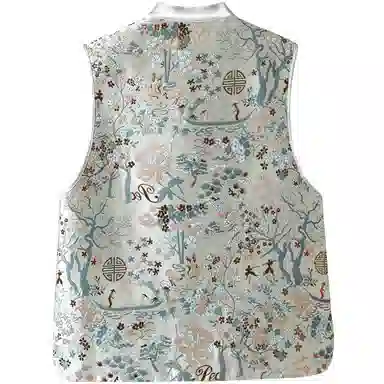 她池 新中式立领盘扣复古提花叠穿马甲 女款 青色