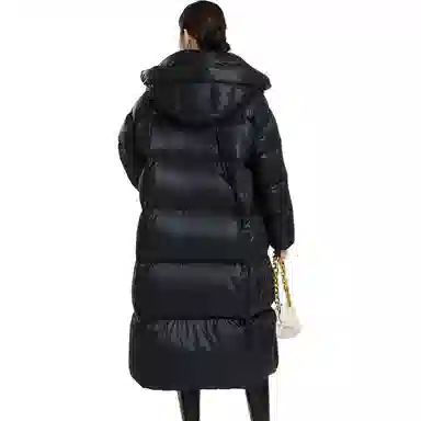 羽物 纯色连帽保暖拉链中长款羽绒服 女款