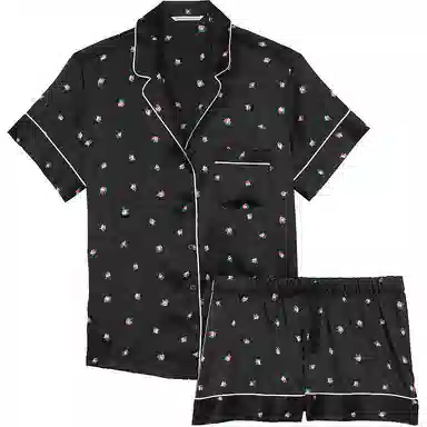 Victoria's Secret Satin Short Pajama Set Black Rosebuds