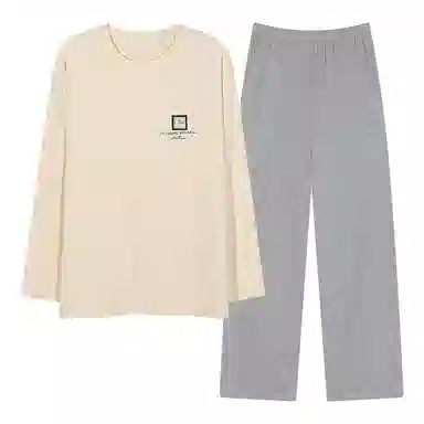 梦特娇 简约纯棉家居服可外穿圆领长袖长裤舒适透气亲肤 个性印花高级感设计休闲宽松青年学生保暖上衣睡衣套装 秋冬 男款 两件装 米白色