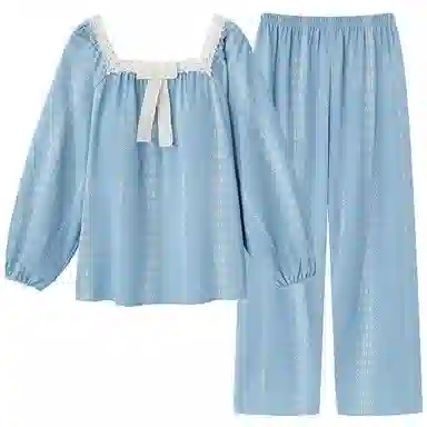 莫代尔 简约清新亲肤带胸垫防凸点方领长袖长裤甜美可外穿睡衣套装 女款 天蓝色