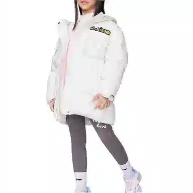 李宁儿童 运动生活系列 纯色连帽拉链卡通图案印花中长款羽绒服 儿童款 白色