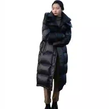 羽物 白鸭绒加长款纯色连帽长袖羽绒服 男女同款 黑色