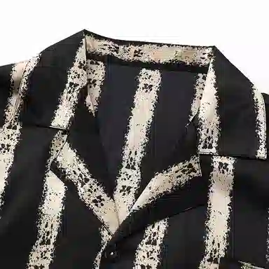 兰缪 简约亲肤舒适透气条纹翻领开衫短袖休闲可外穿家居服短裤长裤三件套睡衣套装 男款 黑色