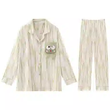 兰缪 简约亲肤舒适带胸垫一体防凸点长袖可外穿休闲长裤睡衣套装 女款 杏色