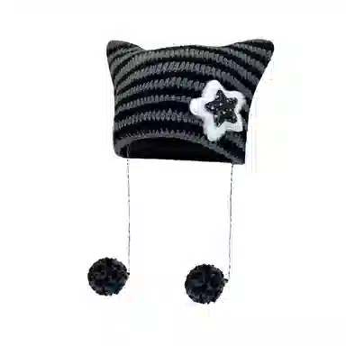 北极绒 亚比风五角星猫咪耳朵韩版条纹可爱保暖套头 涤纶 绒线帽 男女同款情侣款