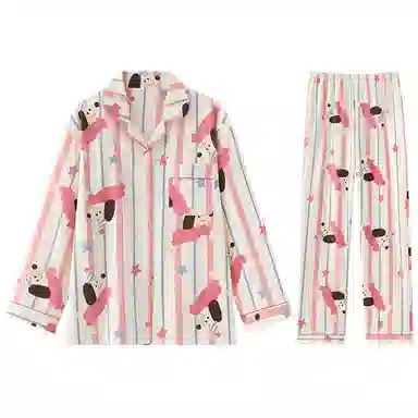 兰缪 简约亲肤舒适带胸垫一体防凸点长袖可外穿休闲长裤睡衣套装 女款 杏色