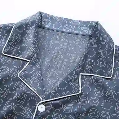 兰缪 简约亲肤舒适透气翻领开衫短袖休闲可外穿满印字母短裤长裤睡衣套装 男款 深蓝色