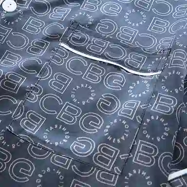 兰缪 简约亲肤舒适透气翻领开衫短袖休闲可外穿满印字母短裤长裤睡衣套装 男款 深蓝色