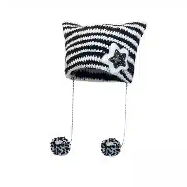 北极绒 亚比风五角星猫咪耳朵韩版条纹可爱保暖套头 涤纶 绒线帽 男女同款情侣款