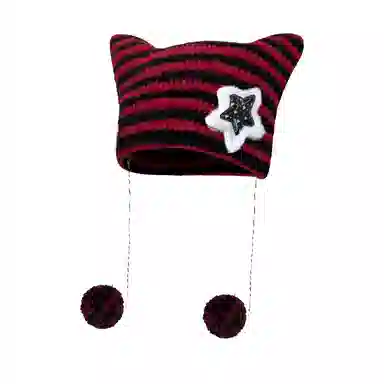 北极绒 亚比风五角星猫咪耳朵韩版条纹可爱保暖套头 涤纶 绒线帽 男女同款情侣款