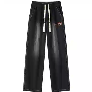 大卫贝肯 美式复古高街风字母水洗宽松中腰显高品牌系带阔腿牛仔裤 男女同款