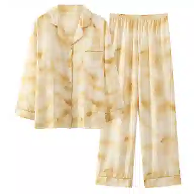 莫代尔 简约亲肤带胸垫防凸点翻领开衫长袖时尚可外穿长裤睡衣套装 女 杏色