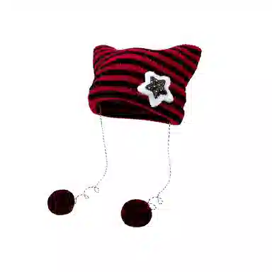 北极绒 亚比风五角星猫咪耳朵韩版条纹可爱保暖套头 涤纶 绒线帽 男女同款情侣款