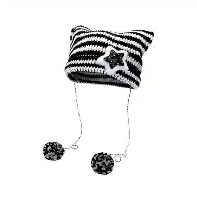 北极绒 亚比风五角星猫咪耳朵韩版条纹可爱保暖套头 涤纶 绒线帽 男女同款情侣款