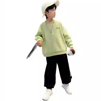 儿童款 唐狮童装 字母印花圆领套头长袖上衣松紧腰束脚长裤休闲运动套装 醇绿