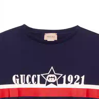 GUCCI Kids FW22 Striped Logo T-Shirt Blue