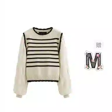 棉购 假两件圆领条纹拼接雪纺泡泡袖女新款显瘦减龄长袖针织衫 女款