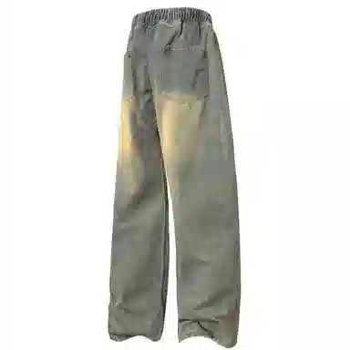 稻草人 美式高街废土风结构性拼接水洗做旧简约纯色垂感松紧抽绳直筒无性别主义宽松休闲百搭工装牛仔裤 男女同款