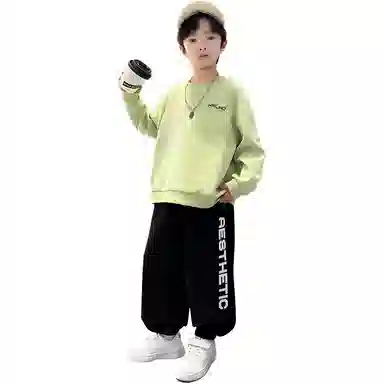 儿童款 唐狮童装 字母印花圆领套头长袖上衣松紧腰束脚长裤休闲运动套装 醇绿