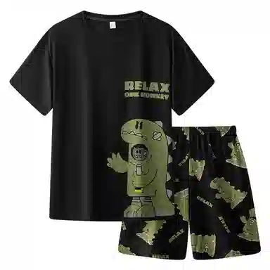 兰缪 卡通恐龙印花圆领套头短袖松紧短裤睡衣套装 男款 黑色