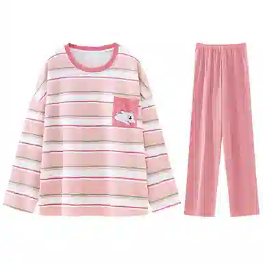 兰缪 简约亲肤舒适带胸垫套头长袖可爱可外穿长裤睡衣套装 女款 粉色