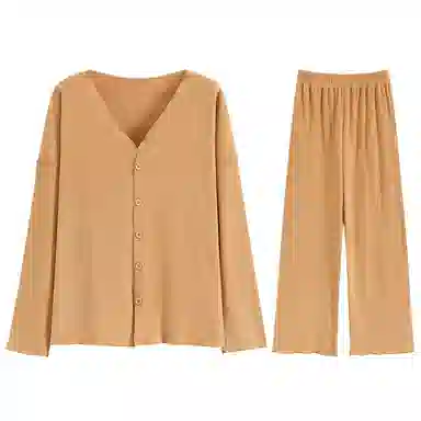 兰缪 简约亲肤舒适带胸垫一体防凸点长袖可外穿休闲长裤睡衣套装 女款 杏色