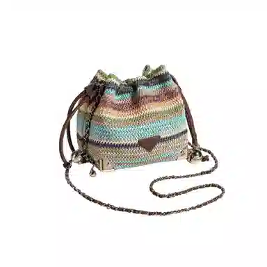 稻草人 小众时尚编织设计感链条包 聚丙烯拼聚氨酯革 水桶包单肩斜挎包 女款 七彩配咖色/七彩配杏色