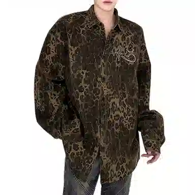 美式高街复古豹纹水洗宽松舒适单排扣夹克潮流百搭牛仔外套长袖衬衫 男女同款