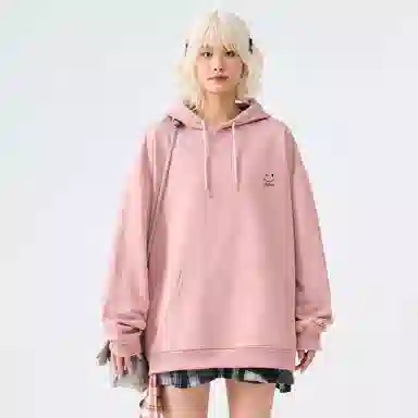 棉致 美式高街趣味笑脸字母印花纯色简约基础宽松休闲通勤百搭落肩套头长袖连帽卫衣 男女同款