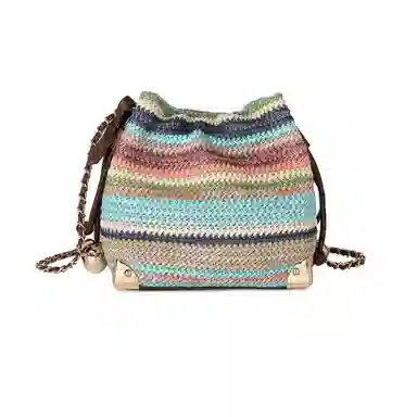 稻草人 小众时尚编织设计感链条包 聚丙烯拼聚氨酯革 水桶包单肩斜挎包 女款 七彩配咖色/七彩配杏色