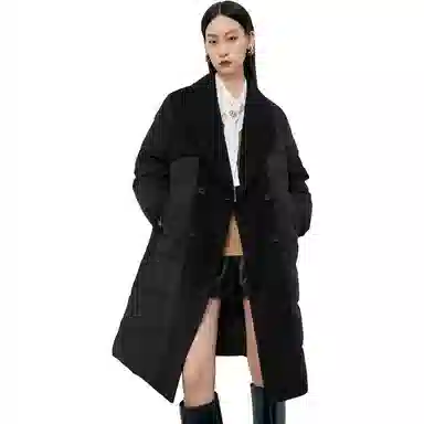 太平鸟 大衣式拼接羽绒服 女款 黑色